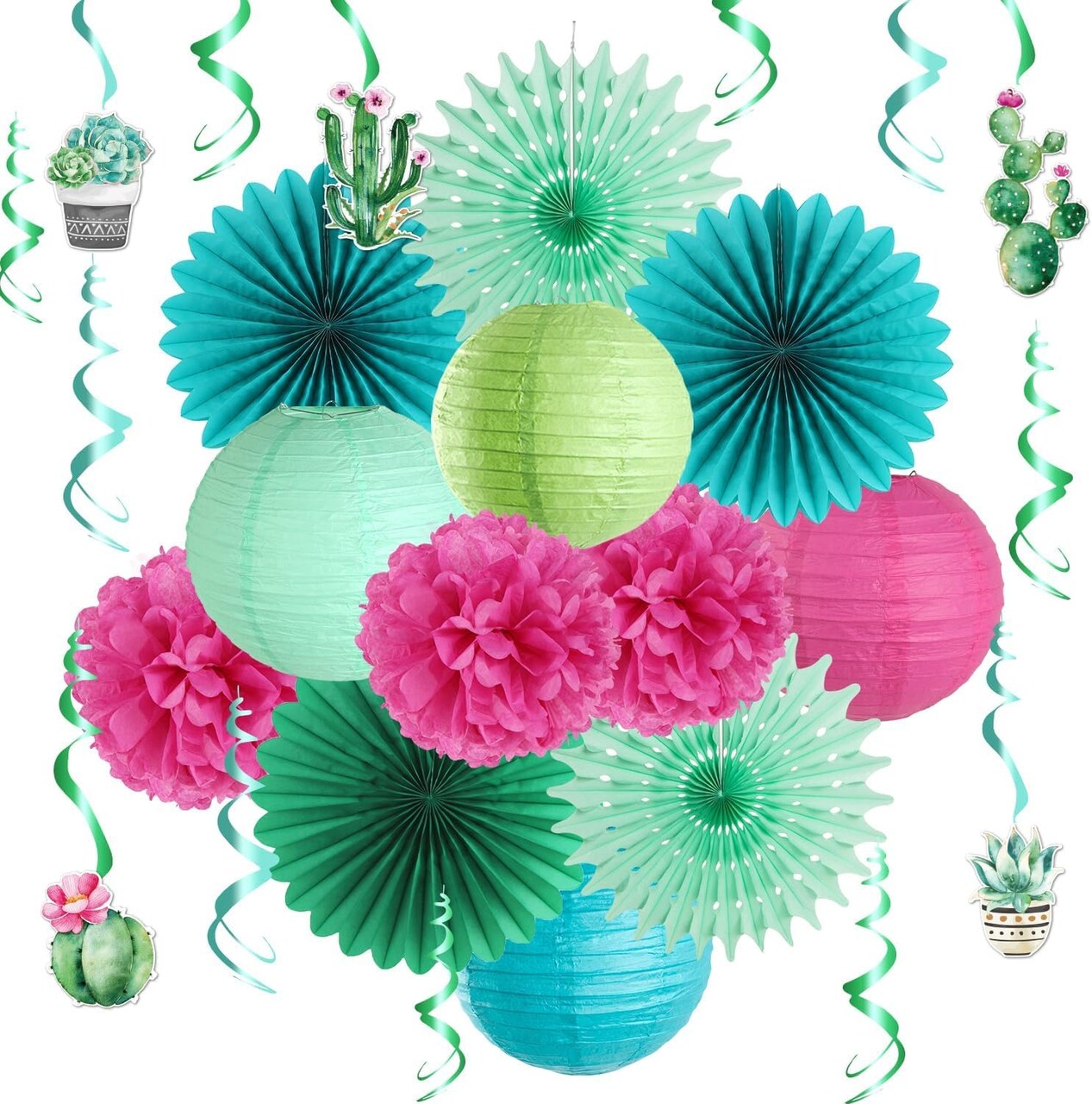 Summer Party Decoration Kit – Hanging Cactus Swirls, Paper Lanterns & Paper Fans, Hawaiian Luau Tropical Party Supplies for Birthday & Baby Shower
